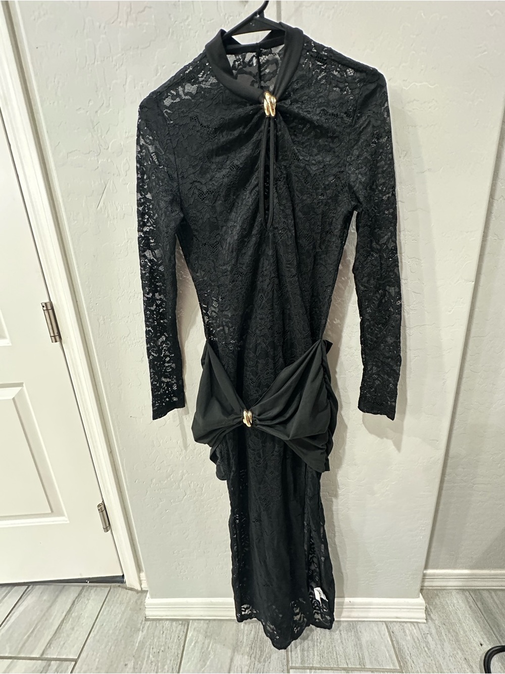 Amazon Black Lace Long-Sleeve Dress with Gold Hardware